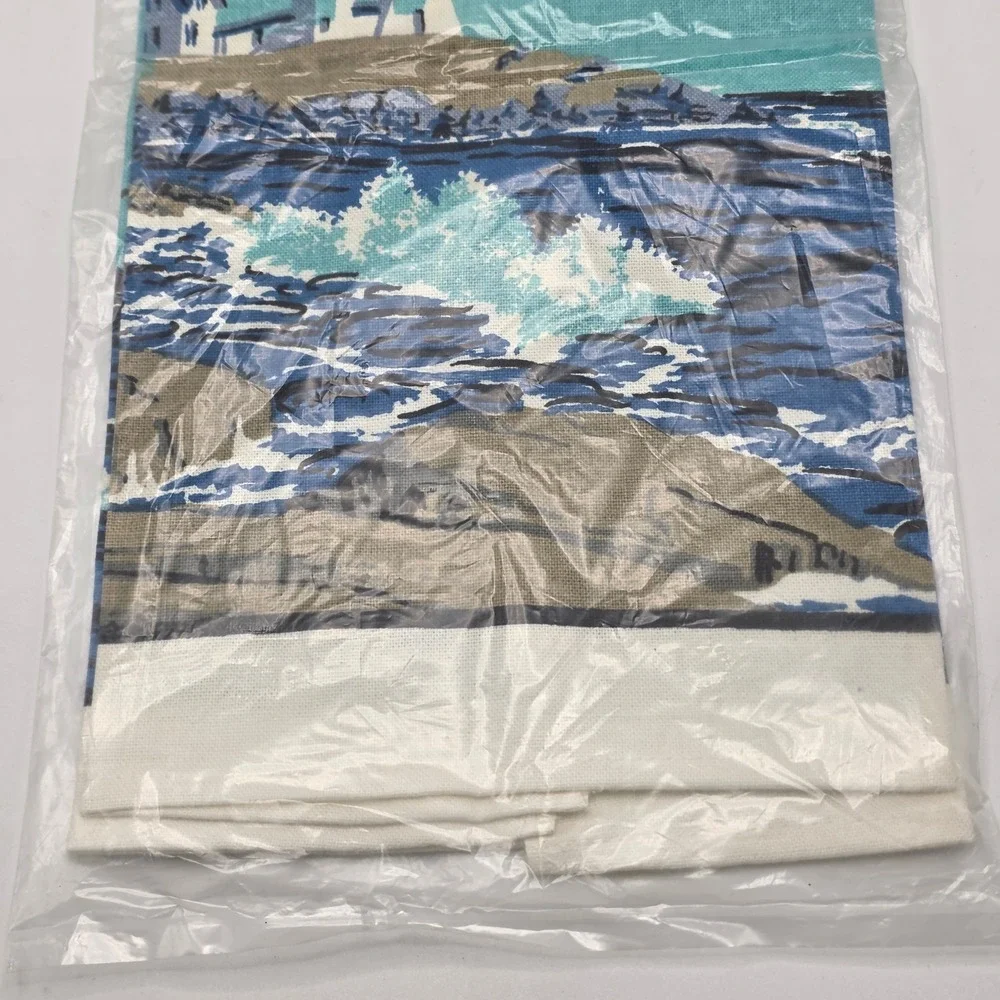 Kitchen Towel Vintage MCM Coastal Blue Sailboat Lighthouse Beach Decor NOS